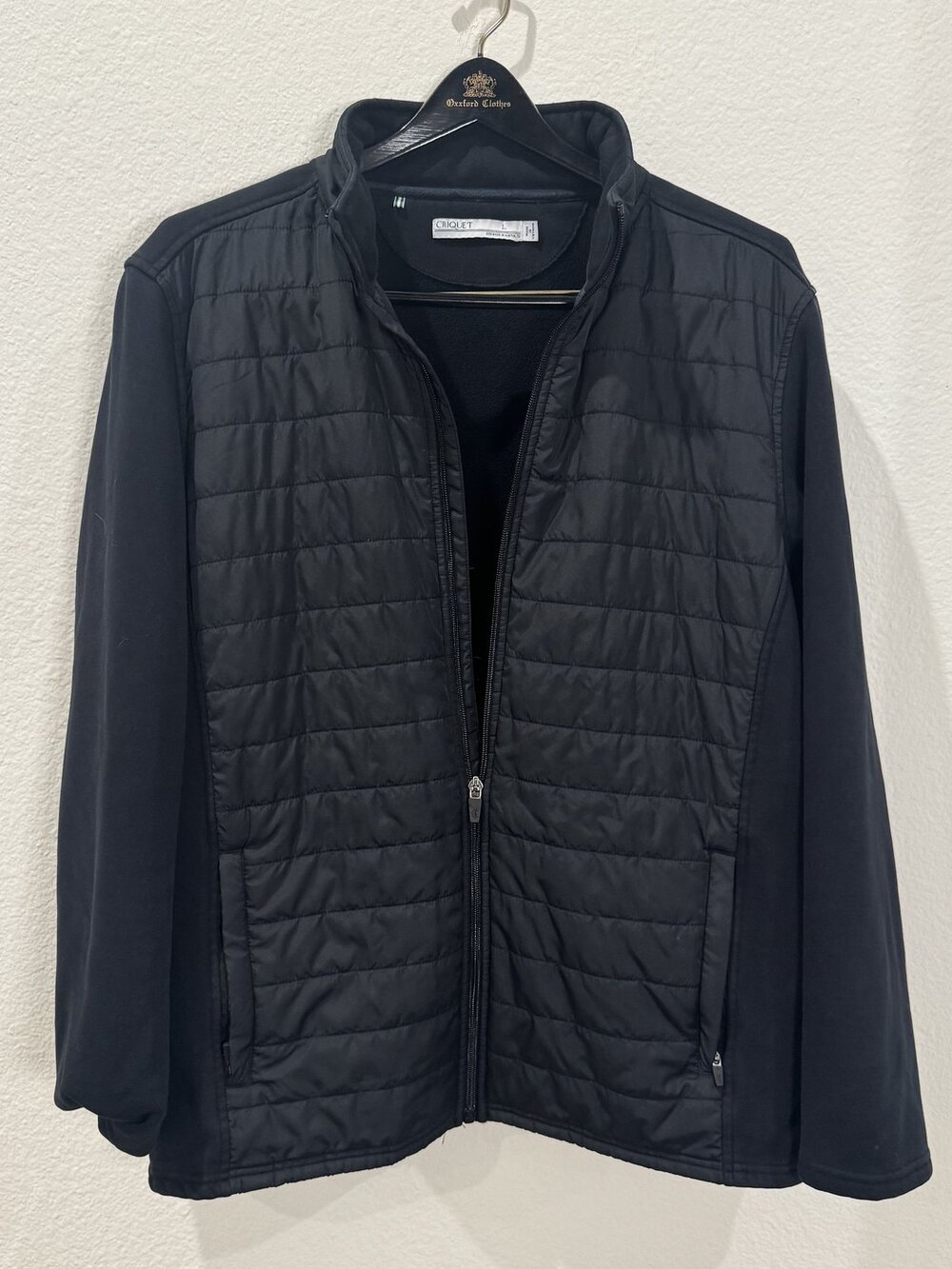 Criquet Quilted Hybrid Jacket Mens L Navy Full Zip Knit Sleeve Puffer Austin